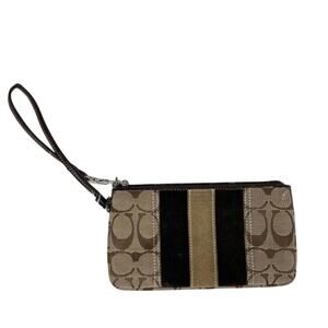 Coach Monogram Wristlet Wallet Brown Suede Stripe Zip Purse Y2K 2000s Preppy